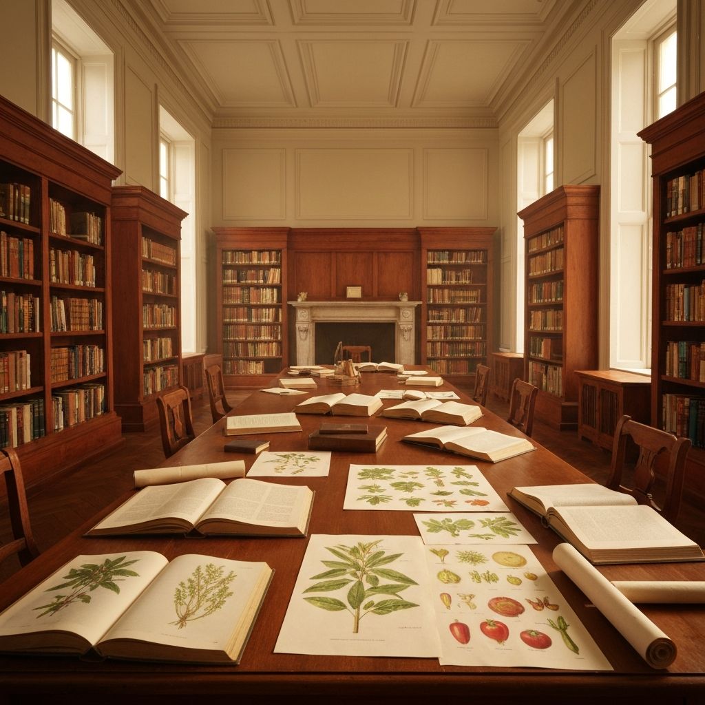 An academic library reading room with open books and botanical illustrations under warm golden light