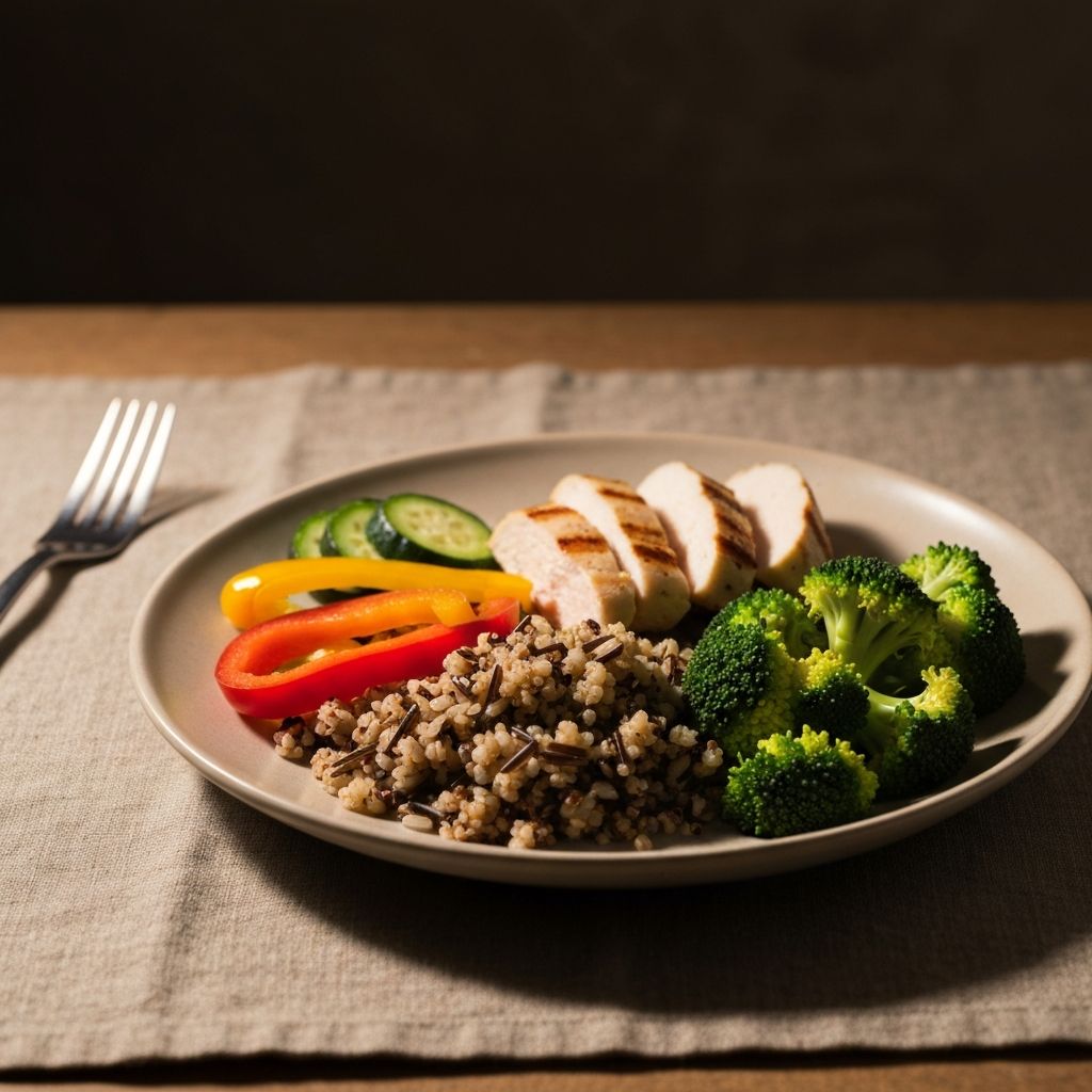 A well-composed plate featuring a balanced arrangement of vegetables, whole grains, and lean proteins