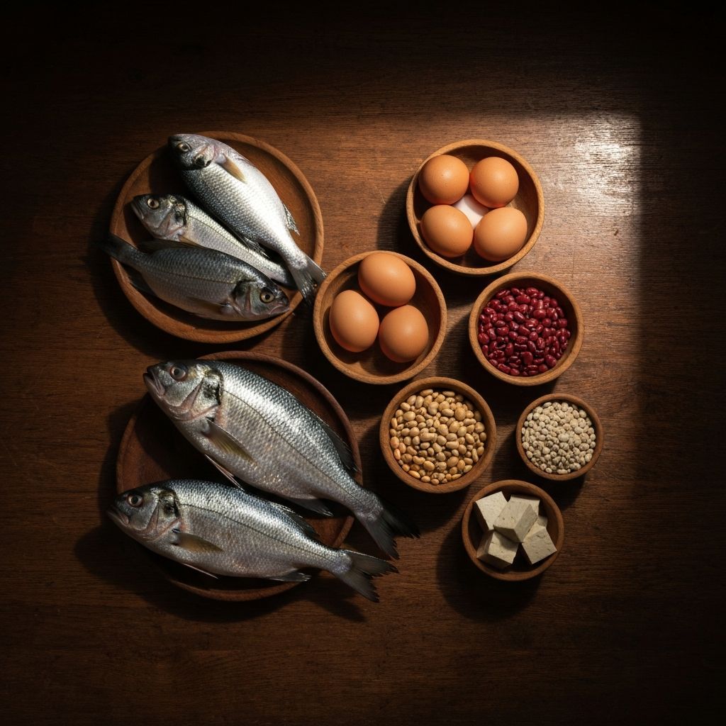 Protein food group display including fish, eggs, legumes and tofu on a dark wooden surface